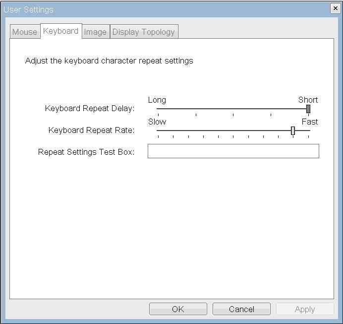 Configuring the User Settings Chapter 4 Figure 4-55 Keyboard Table 4-35 Keyboard Parameters Parameter Keyboard Repeat Delay Keyboard Repeat Rate Repeat Settings Test Box Description Lets users