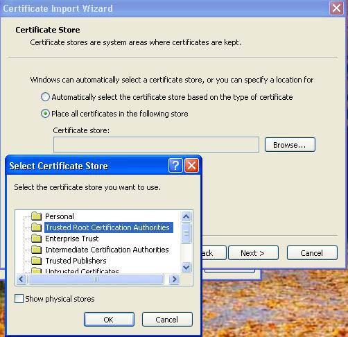 B.A2. The Place all certificate in the following store radio button must be checked and the