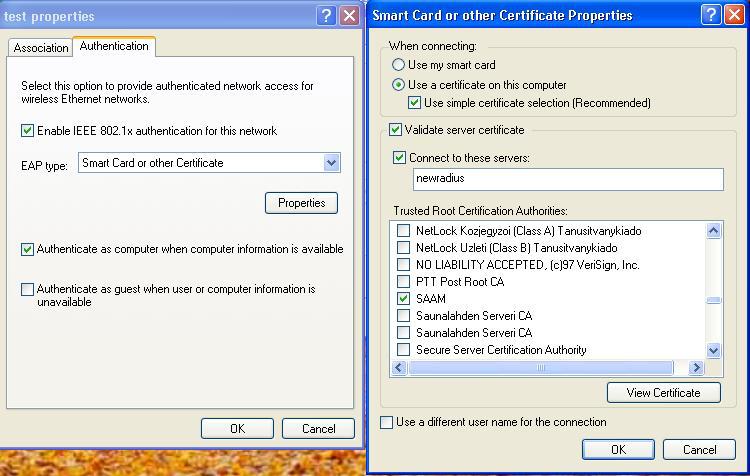 1X authentication for this network radio button must be checked with the Smart Card or other Certificates option.