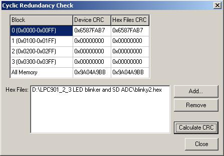 Fig. CRC check window The Device CRC column gives you the CRC checksum for each block plus the Global CRC checksum for the whole device.