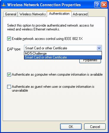 Choose MD5-Challenge or Smart Card or other Certificate as the EAP type.