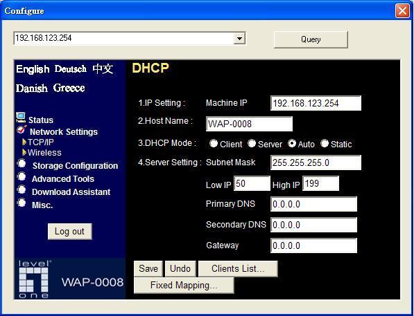 3.2 Network Settings 3.2.1 DHCP Setting Following sections describe the various DHCP settings. General Settings: default machine IP is 192.168.123.254. This IP address must be unique on your network.