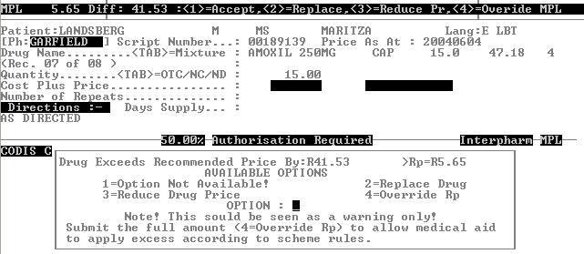 II. MMAP Pricing If MMAP Pricing is applied to a particular item on a script for a particular Medical Scheme, the following option will be given: In the example above, the total price of the 15