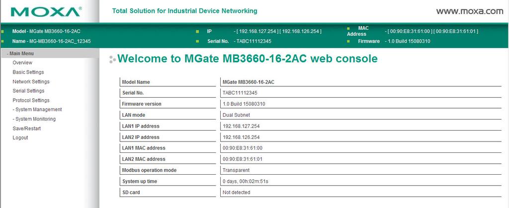 Overview To connect to the MGate web console, open a web browser and enter the MGate gateway s IP address.