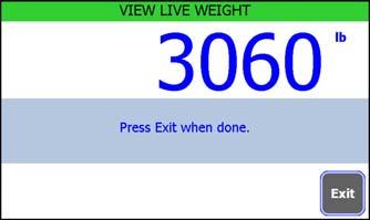 9.2 Scale 9.1.6 View Live Weight Select View Live Weight to see a live weight display without exiting the menus. Figure 9.3 Sample Live Weight reading 9.