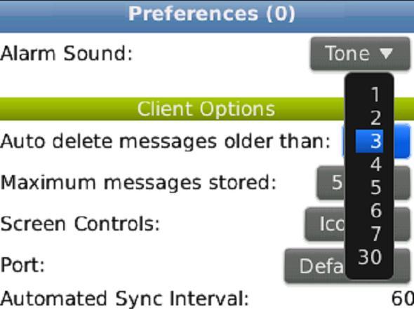 4. Scroll to the Client Options portion of the Preferences screen. 5. Click on the number next to the Auto delete messages older than option. A list of numbers displays. 6.