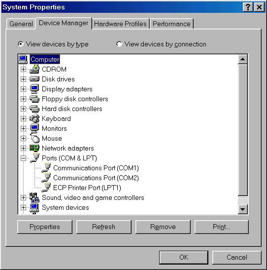 C-11 Figure C-6: Device Manager tab of System Properties dialog box 4 Click the Plus sign + next to Ports (COM & LPT) to display a list of ports.