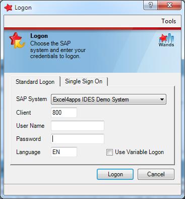5.3 Logging on - Not logged on, click to log on - Logged on, click to log on again The first step in using one of the Wand products is to log on to the SAP system that you intend using.