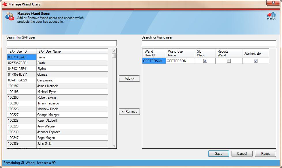 7.1 Adding a Wand User On the left side of the form is the list of all SAP users in your SAP system.