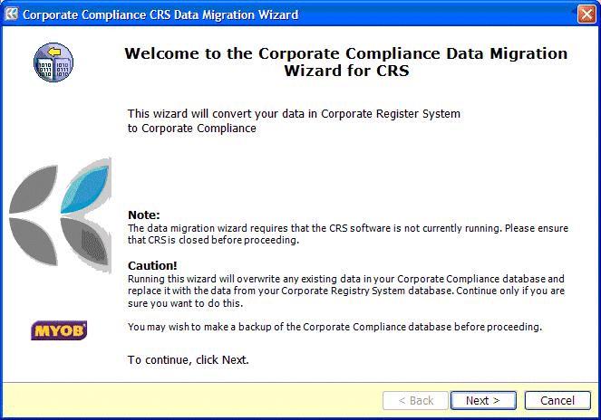The Welcome window for the Corporate Compliance Data Migration wizard appears.