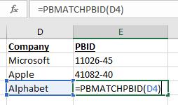 Example: Alphabet's PBId can be accessed using the PBMATCHPBID formula.