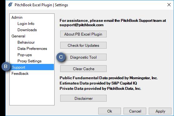 Click Diagnostic Tool to run error diagnostics. D. The PitchBook Plugin Manager window will appear.