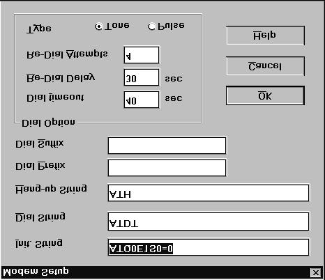 11.4 SETTING UP YOUR HOST MACHINE 11 LPSO-LINK USER GUIDE 11 Figure 11 10: MODEM SETUP DIALOG BOX The Init. String, Dial String and the Hang-up String text boxes are all modem dependent.