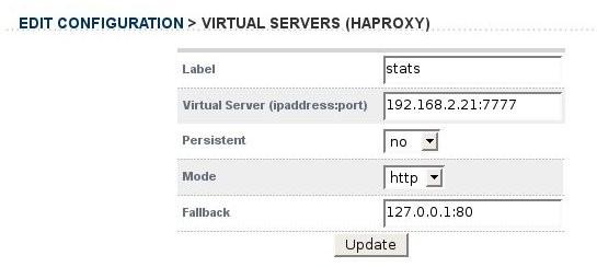 To enable the HAProxy web based statistics just add a new Virtual Server (HAProxy) VIP that is called 'stats'. NB. The name is important.