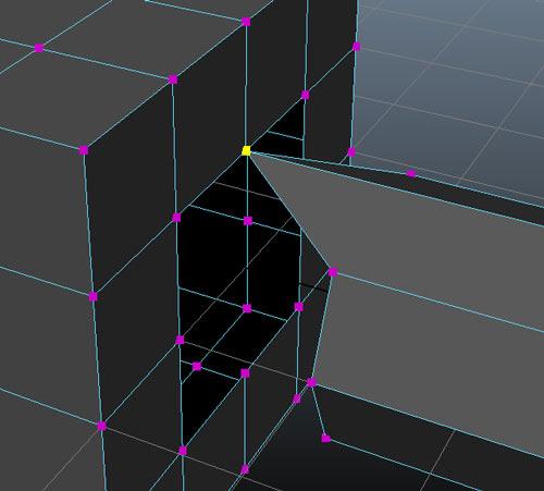 12. Go to Mesh Tools > Merge Vertex Tool. Now click and drag from one of the vertices on the cylinder to a corresponding vertex on the cube. You should see red line appear between the vertices.