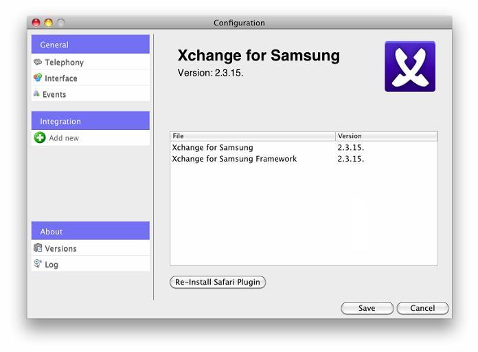 The Versions page lists the version used for each component part that makes up Xchange for Samsung.