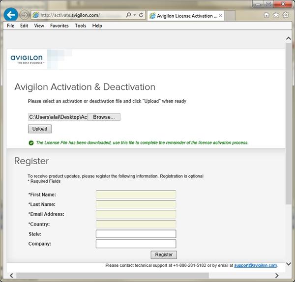 Figure 2: The Avigilon License Activation web page 11. Browse to the location of your activation file then click Upload. The activated license file should download automatically.