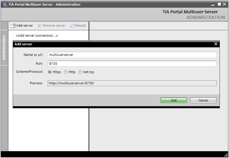 Figure 2-7: TIA Portal Multiuser Server - Administration The new server connection is shown in the