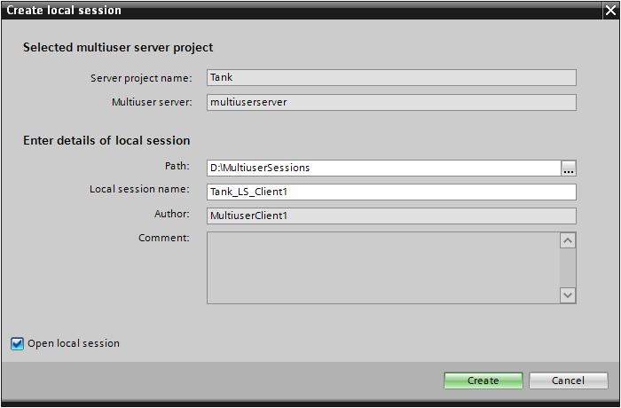 Figure 2-16: Dialog "Managing Multiuser server projects" The dialog "Local session create" is opened. 3. Set the desired path for the local session in the dialog or navigate via the ".