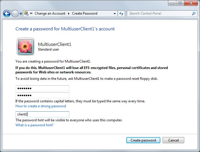 Figure 2-3: Create request The password for the "MultiuserClient1" account is created. 5. Repeat steps 1 to 4 for the accounts of the other clients.