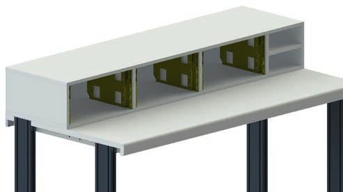 11. 19" BENCH RACKS WITH 19" MODULES AND CASSETTES EASY 19" BENCH RACK Light grey body made of 19mm thick melamine resin covered chipboard. Sides with cutouts for PROFI extensions.