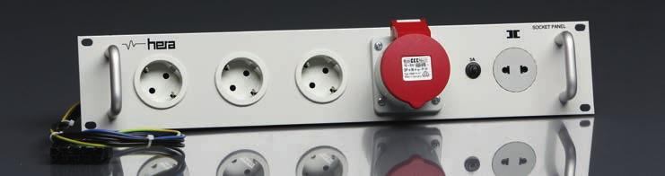 4mm safety jacks (SLB). Schuko sockets grey; 45 positioned. Illuminated switch, 2poles and contactor.