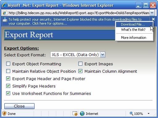Exporting for Microsoft Excel Click on the Export Report button on the bottom of your screen. In the resulting pop-up, you will be asked which format you wish to export to.