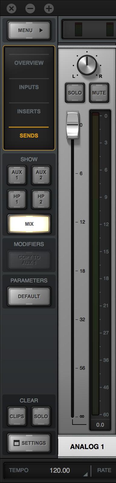 If the SHOW MONITOR switch is disengaged, only the send s mix controls are visible, offering maximum send fader resolution (center screenshot).