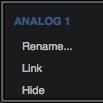 Rename/Link Popover The Rename/Link popover window is used for customizing input labels and stereo linking adjacent channels.