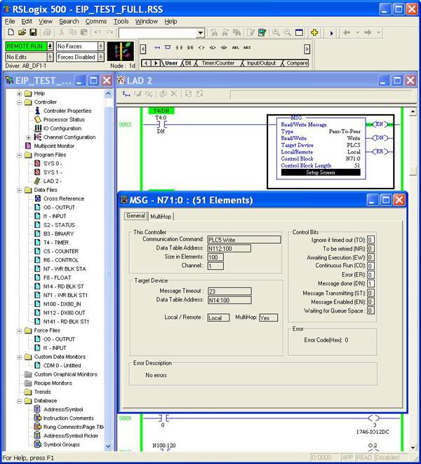 Figure 3. SLC 5 MSG Write Setup. The SLC 5 MSG write setup instruction with multi-hop enabled is shown. Click on the MultiHop tab and enter in the IP address of the DX80 Device (factory default 192.