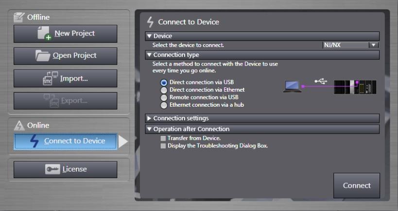 5 The Connect to Device Dialog Box is displayed. Select Direct connection via USB in the Connection type Field.
