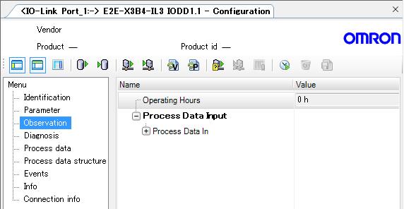 15 16 Select Observation listed under Menu on the <IO-Link Port_1:-> E2E-X3B4-IL3 IODD1.