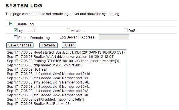 4.4.3 System log This page can be used to set remote log server and show the system log. Enable Log: this option enables the registration routine of the system log messages. By default it is disabled.
