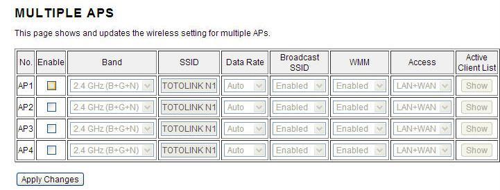 Click Multiple APs button, the multiple APs setup interface will appear. You can add other SSID for different needs.