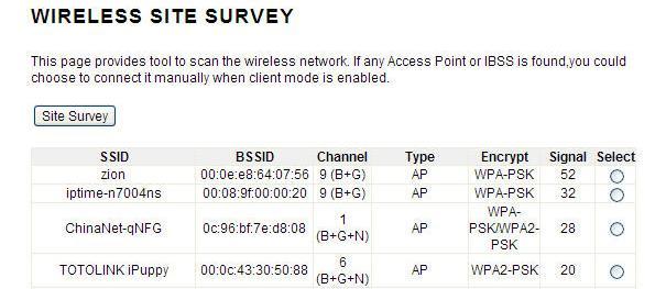 3 Site Survey Utility will search for wireless networks in range on all the supported channels while device is operating in Access Point mode. This page provides a tool to scan the wireless network.