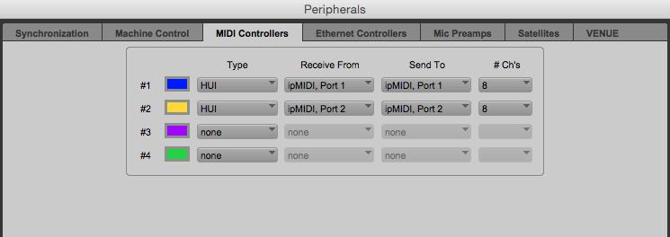 Setting up Pro Tools Device Setup Control surfaces are configured in the Setup > Peripherals > MIDI Controllers menu. In this example we will setup Pro Tools for operation on DAW layer 1 of Nucleus.