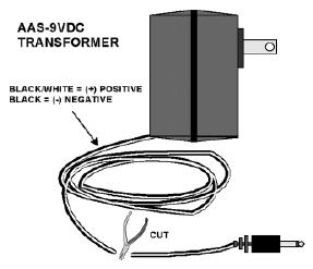 NOTE: If you are using the optional AAS-12vdc transformer, cut the end connector from the transformer cable and discard. Using appropriate wire nuts, connect black to black and black/white to red.
