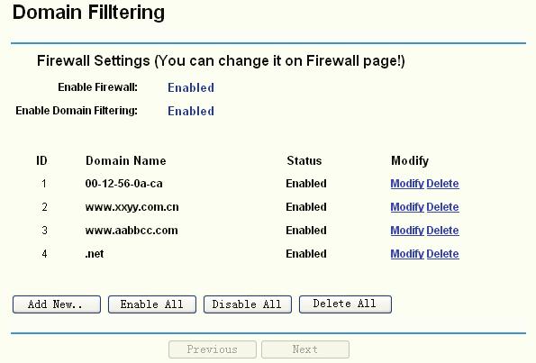 4.6.3 Domain Filtering TL-R4199G Choose menu Security Domain Filtering, you can configure the Domain filtering rule in the next screen (shown in Figure 4-31).