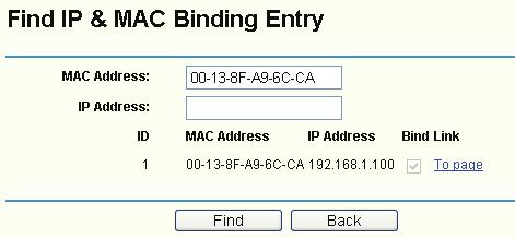 Figure 4-51 Step 3: Click Find button, then you will see the entry with the specific MAC address or IP address. Step 4: Click Back to return the previous screen.