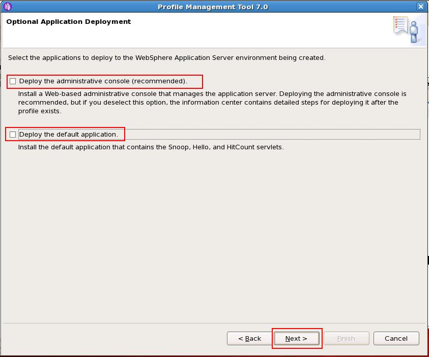 Deselect the option to deploy the administrative console since we will be federating this profile and node into