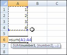 Inserting a Function Calculating a Sum The sum function, one of the most commonly used functions in Excel, will produce a sum of the values of a range of cells.