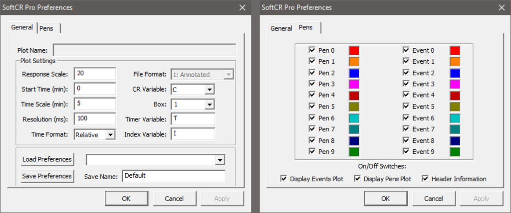 Figure 3-4 - SoftCR Pro Preferences Screens The preferences screen has a General tab and a Pens tab.
