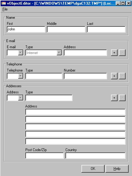 4. In the Object Editor, type the information you want to include in your default business card.