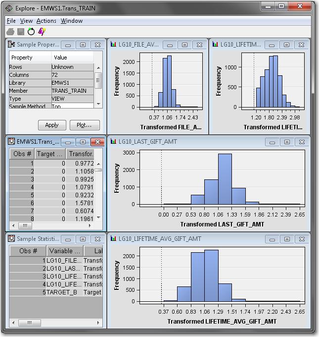Analyze with a Logistic Regression Model 35 You can select a bar in any histogram, and the observations that are in that bucket are highlighted in the EMWS.