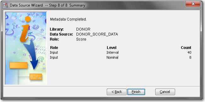 Score New Data 43 Score New Data To create a new data source for the sample data that you will score: 1. On the File menu, select New ð Data Source. The Data Source Wizard opens. 2.