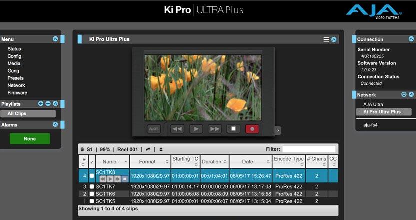 These clip playlists can be managed on the web browser Playlists screen, which includes a default All Clips playlist showing all clips on the Ki Pro Ultra Plus unit. Figure 23.