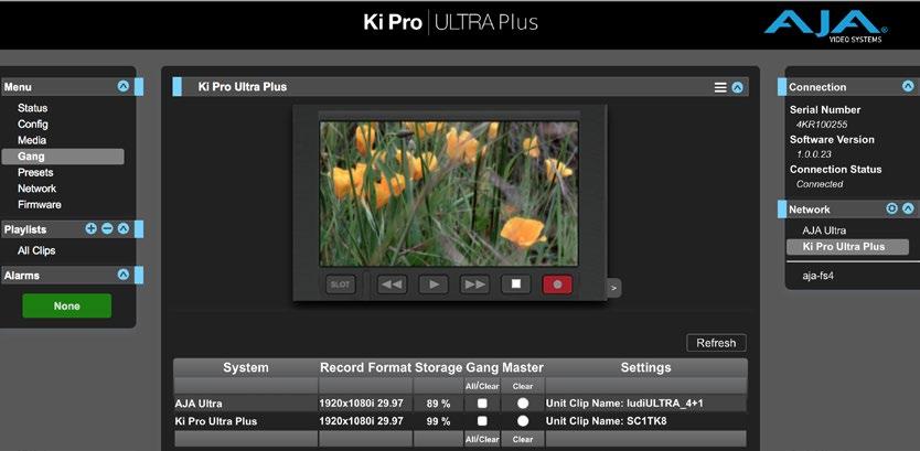 Figure 24. Gang Recording Screen Click a system name to switch the browser to that particular Ki Pro Ultra system. You must have a properly configured default gateway to see the Ki Pro Ultras.