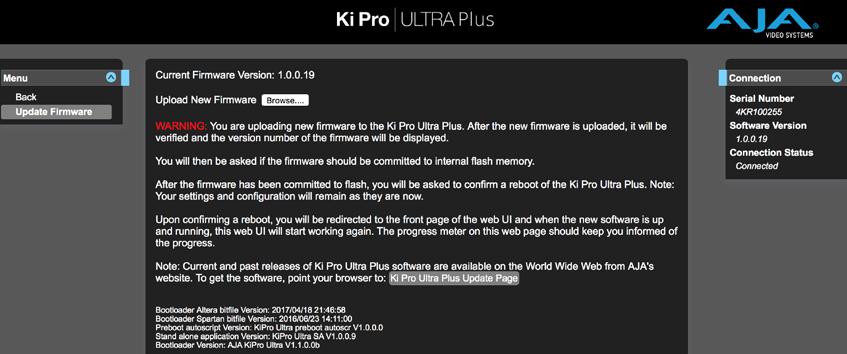 Figure 28. Update Firmware Screen Although Ki Pro Ultra Plus comes from the factory pre-installed with software, it may not be as up-to-date as the software currently posted on the AJA website.