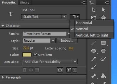 (Tip: Use the Properties Panel to set the text attributes: font size = 50, color = yellow, Text Direction