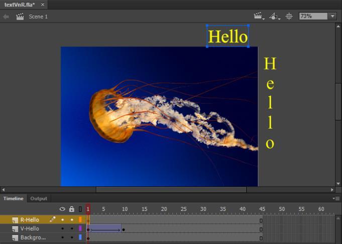 Create Classic Tween for the word Hello so that it can fly and rotate from the top to the center of the stage starting from Frame 1 to Frame 20 of R-Hello layer like the picture below. Steps: 12.